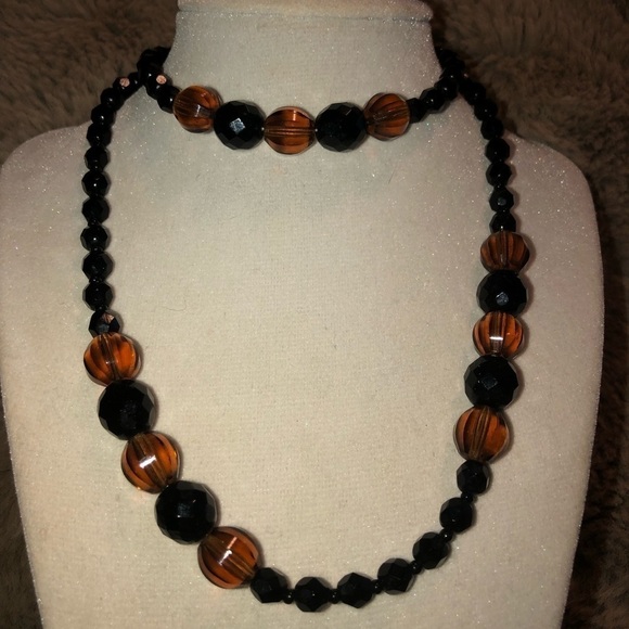 VTG Facet Cut Glass Bead Necklace Art Deco Style Brown & Black 29.5” - Picture 2 of 5